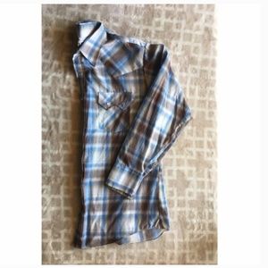 Blue and Tan Pearl-Snap Shirt, Men's Large